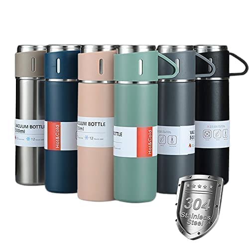 Stainless steel trio Double wall vacume Flask with Silicone Handle and Insulated Lid Set With 2 Stainless Steel Cups for Hot and Cold Beverages 500 ML light weight 100% Leak proof best for travelling