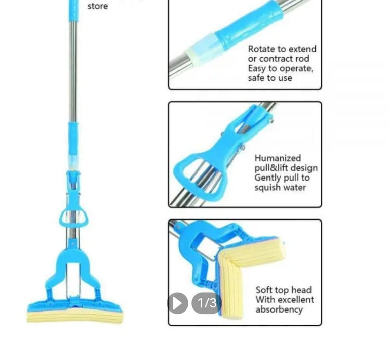 New squeezable Mop with sponge, cleaning tool for home office soaks water dry surface