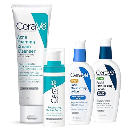 CeraVe Skin Care Set – Best Skincare for Acne, Oily & Sensitive Skin | Hydrating Face Cleanser, Retinol Serum for Anti aging also for Fine lines Acne Scars, Oil-Free Moisturizer with SPF 30 & Night Cream | Dermatologist-Recommended Daily Routine - glowngoodz